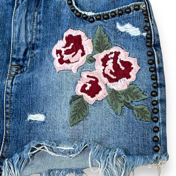 Free People Wild Rose Embroidered Distressed Denim Mini Skirt Womens Size 25 (2) - Picture 5 of 10